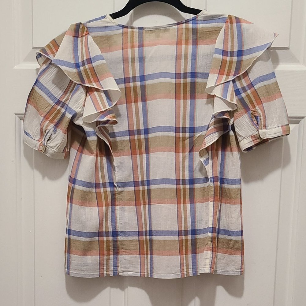 Madewell Plaid Short Sleeve V Neck Lightweight Shoulder Ruffle Top Small - Picture 7 of 7